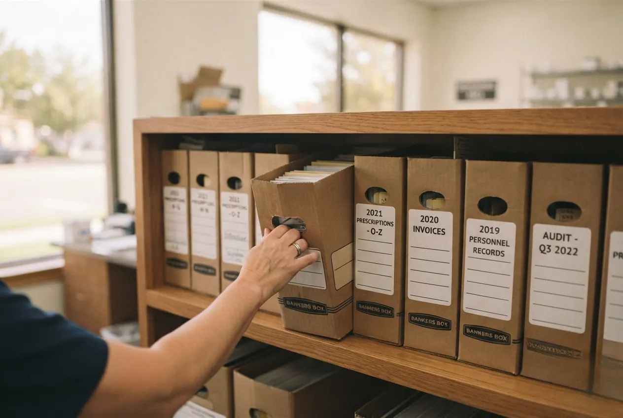 Labelled archive box files on a shelf in a pharmacy back office