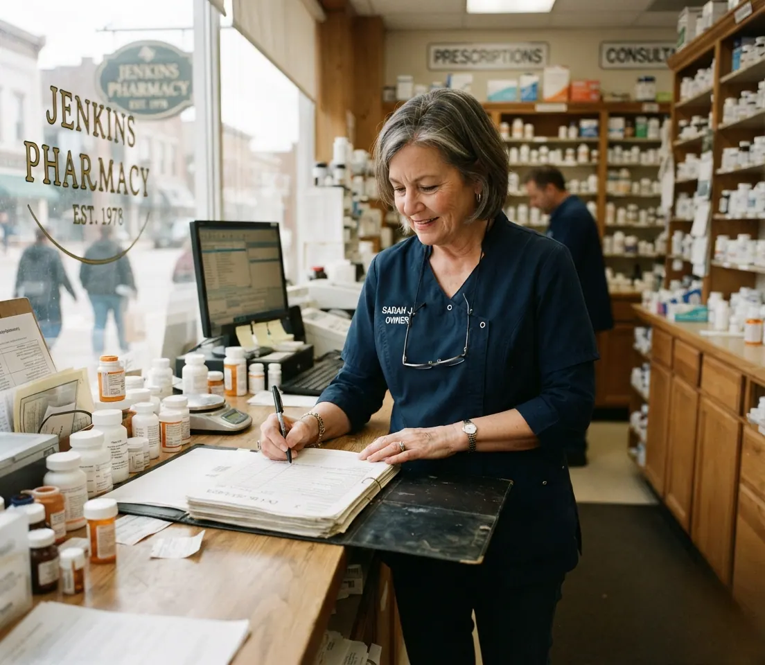 An independent pharmacy owner dating a document in an open binder at their own counter