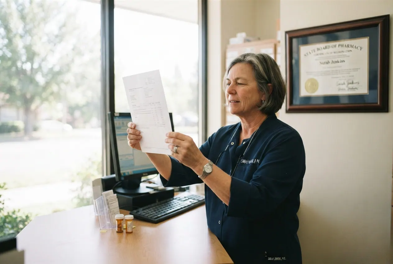 A pharmacy owner reading a printed determination page in the window light