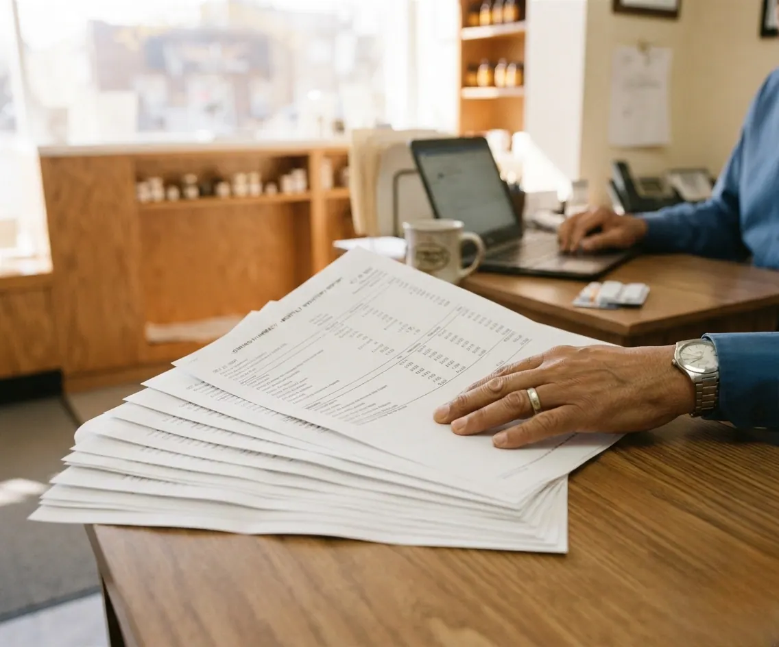 A stack of freshly printed documents on a pharmacy counter under the owner's hand