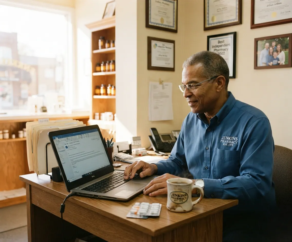 A pharmacy owner answering intake questions on a laptop at a back-office desk