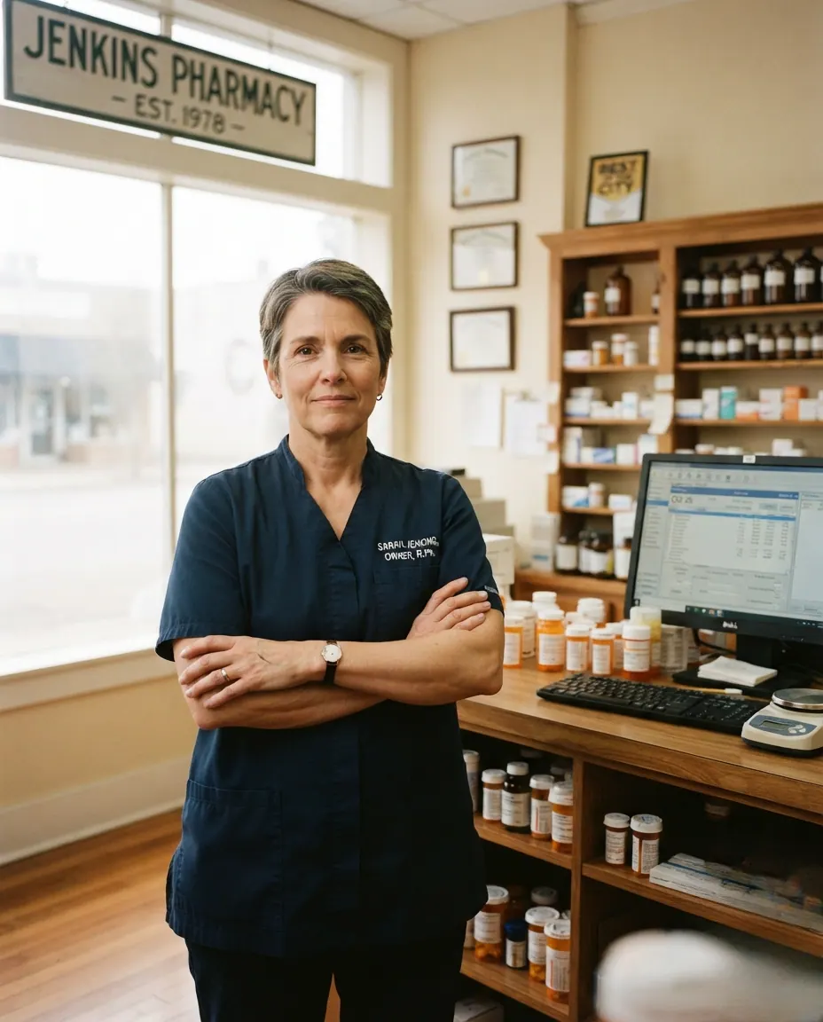 An independent pharmacy owner standing behind their own counter
