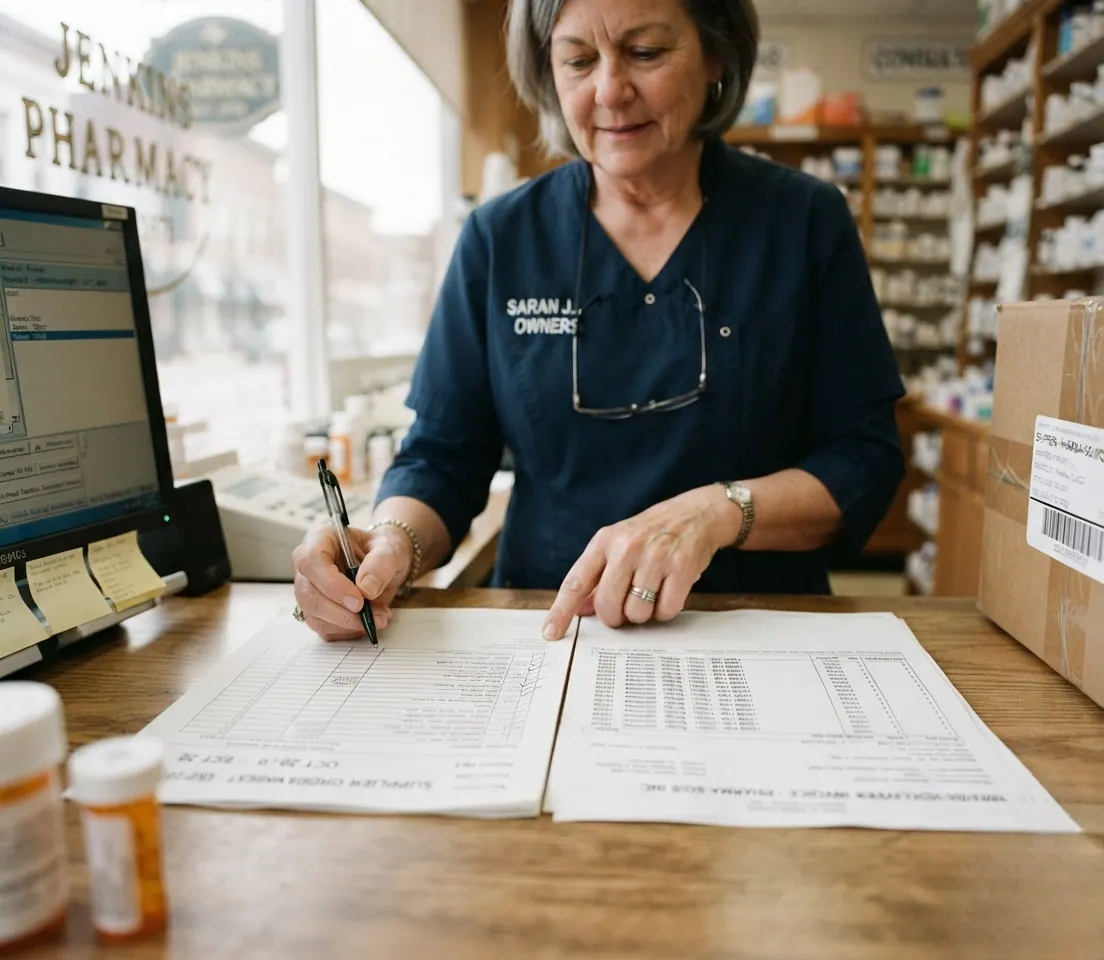 A pharmacist checking a printed supplier list against a delivery invoice