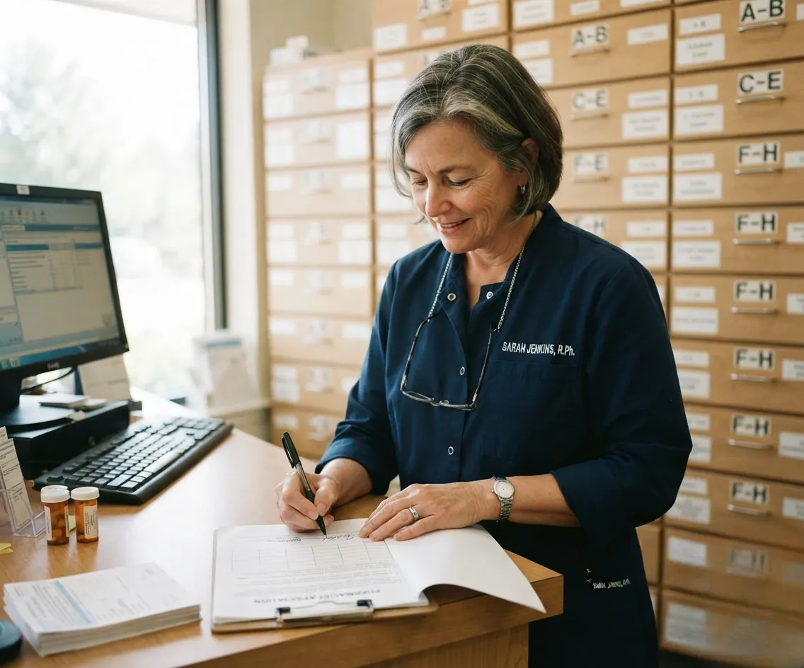 A pharmacist signing a printed attestation page at their counter