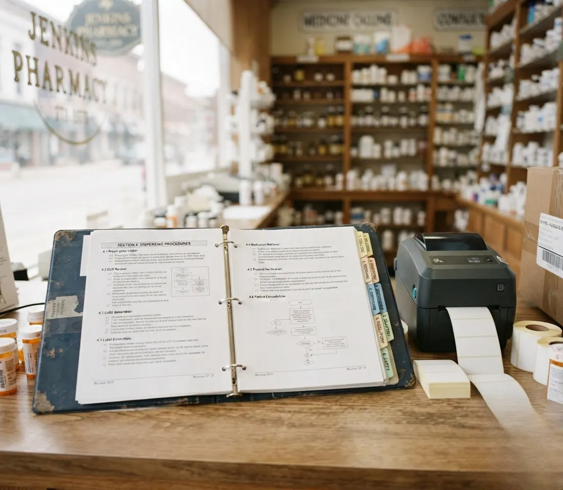 A tabbed operations binder open on a pharmacy back counter