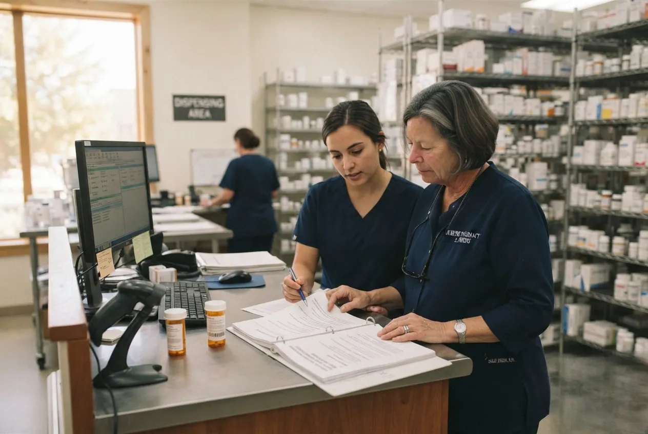 Two pharmacy staff reviewing a printed procedure together at the dispensing bench
