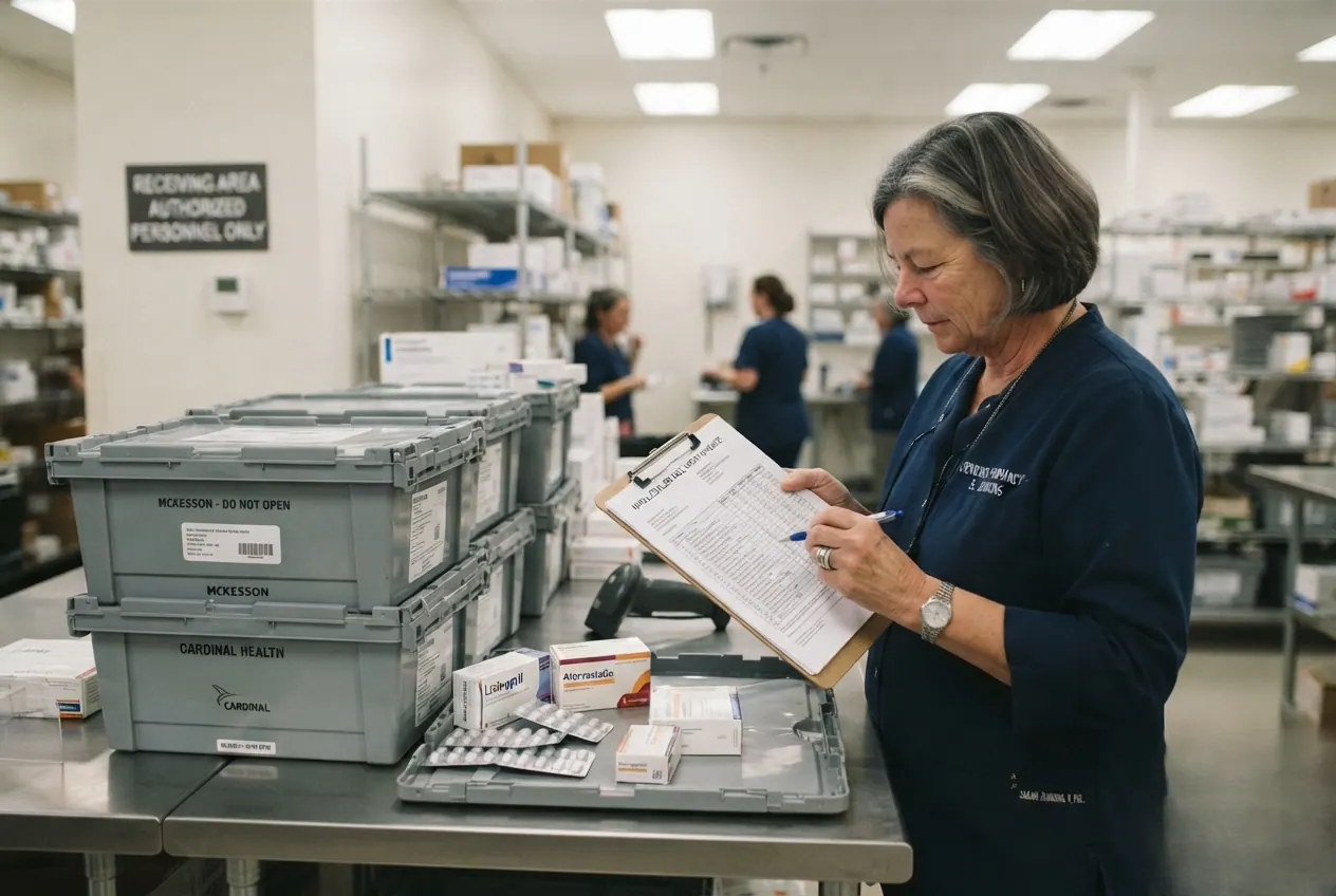 A technician checking sealed wholesaler totes against a clipboard of delivery paperwork